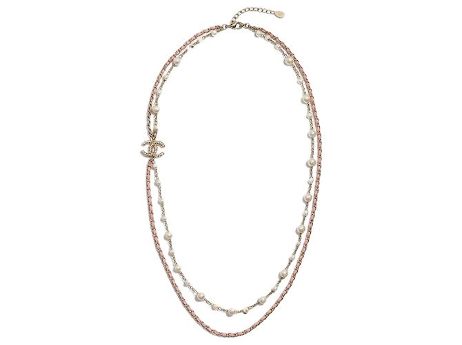 Collier long Chanel métal doré perles blanches et cuir rose