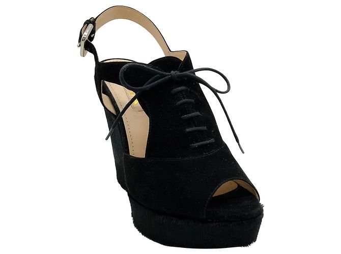 Prada Black Suede / Pony Hair Platform Slingback Wedges