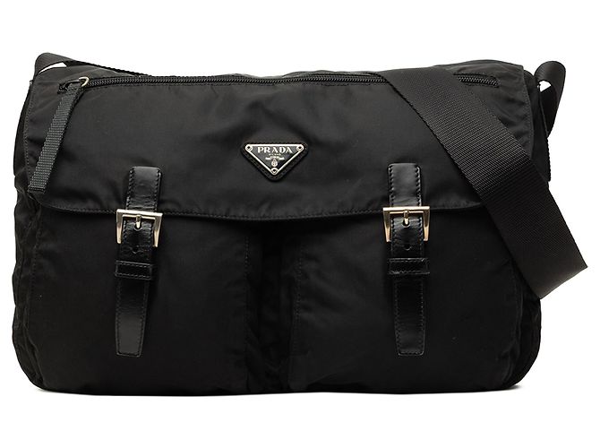 Double Bolsa Messenger Prada Tessuto preta com zíper e fivela dupla