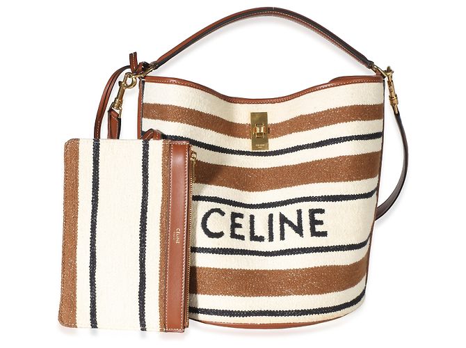 Céline Borsa a secchiello Celine Bucket 16 in jacquard tessile a righe beige e marrone