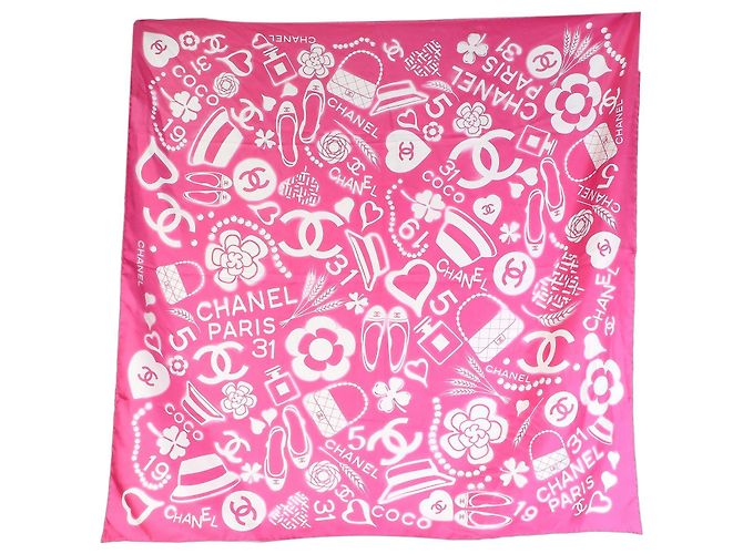 Chanel 20C Pink White CC Logo Silk Square Scarf