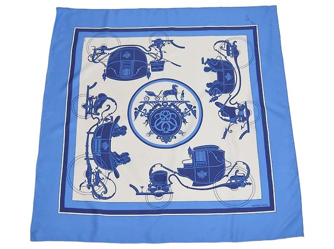 Hermès Hermes Blue,White Silk Ex-Libris Schal 90