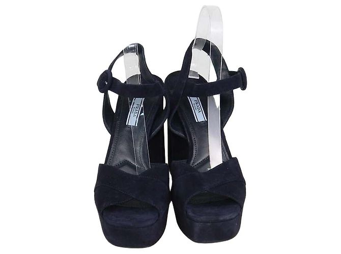 Prada Navy Blue Suede Ankle Strap Platform Sandals