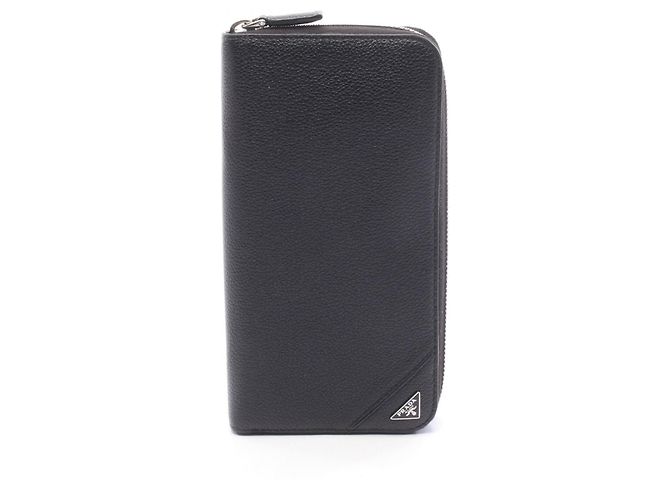 Prada Triangle Logo Black Leather Long Wallet