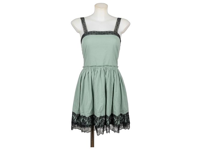 Lanvin Vestido Curto de Algodão Verde com Renda Preta