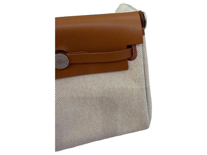 Hermès Herbag 20 Mini Mala de Lona e Couro Castanho