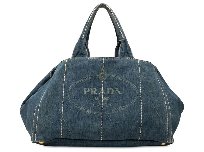 Borsa Tote Prada Blue Large Denim Canapa Logo