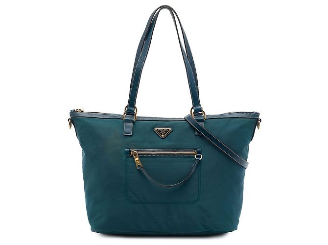 Tote convertible Prada em Tessuto azul com acabamento em Saffiano e zíper frontal