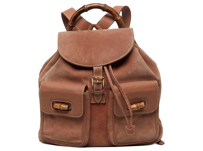 Gucci Brown Large Suede Bamboo Drawstring Backpack