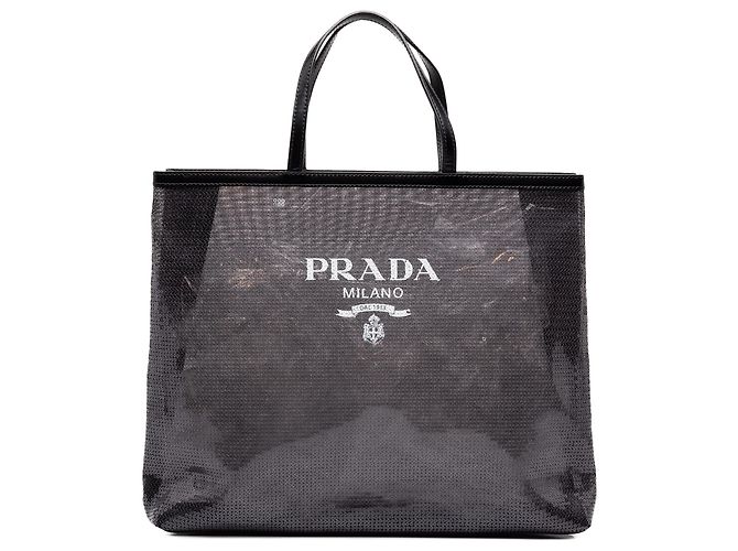 Borsa Tote Prada Large in mesh con paillettes nera con logo