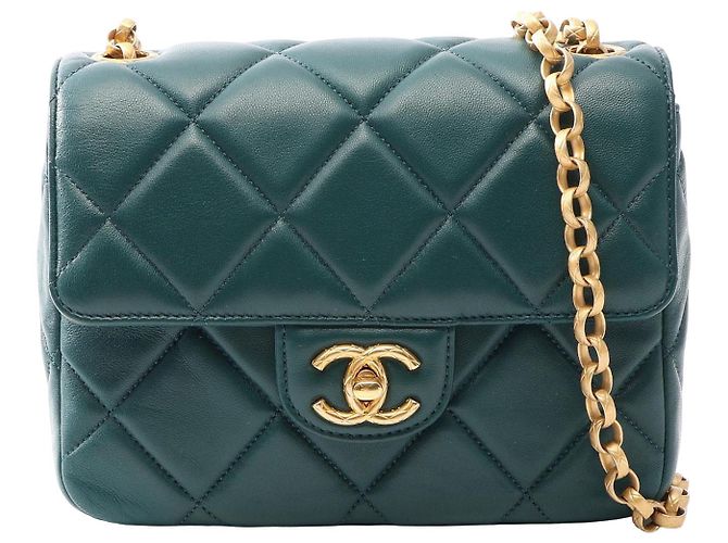 Chanel Mini Square Quilted Lambskin Bijoux Logo Chain Flap Vert