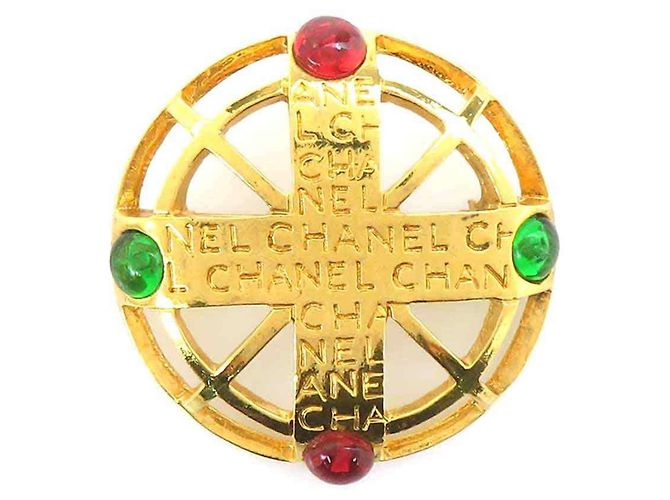 Chanel Brosche Gold Rot Grün Glas Metall