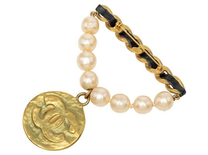 Chanel Coco Mark Vintage Brosche 94A Vergoldet Kunstperle Leder
