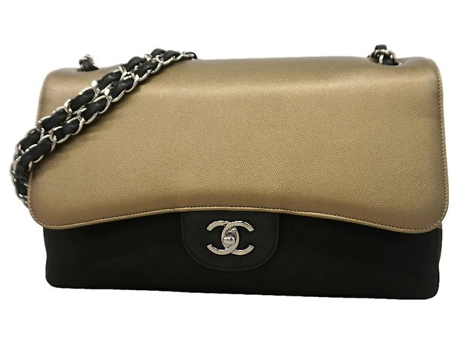 Bolsa Chanel Double Flap Preta Cáqui Couro