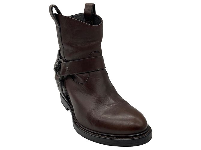 Brunello Cucinelli Brown Distressed Leather Ankle Boots with Monili
