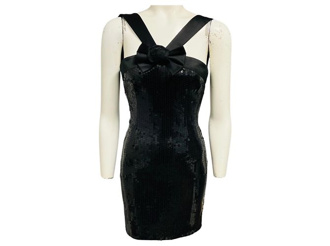 Alessandra Rich schwarzes Pailletten-Minikleid mit Seidenschleife