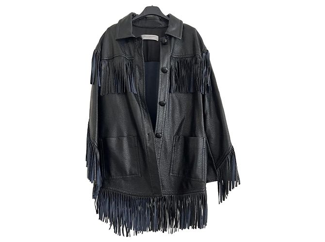 Philosophy di Lorenzo Serafini Schwarze Lederjacke mit Fransen