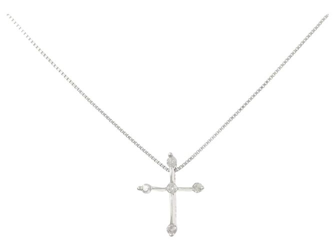 Autre Marque Collana Croce in Oro Bianco K10 e Diamanti