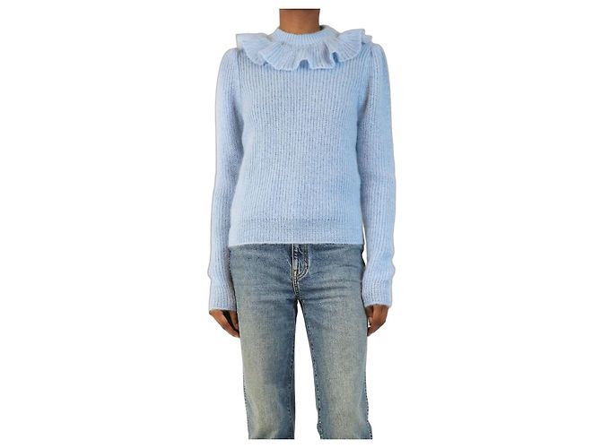 Miu Miu Pull en maille mohair bleu avec col à volants - size UK 4