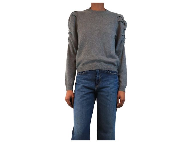 Autre Marque Grauer Kaschmirstrickpullover mit gerafften Ärmeln - size UK 6