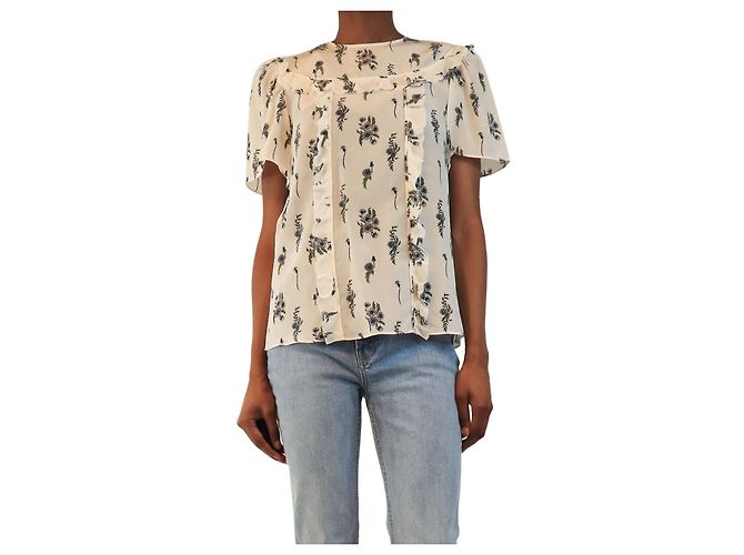 Miu Miu Top de seda floral de manga curta creme - size UK 4