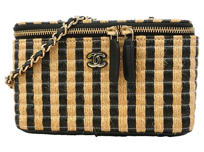 Bolsa Vanity Chanel em Ráfia Preta e Bege