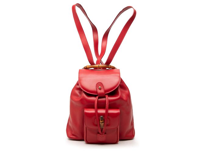 Gucci Red Calfskin Bamboo Drawstring Backpack