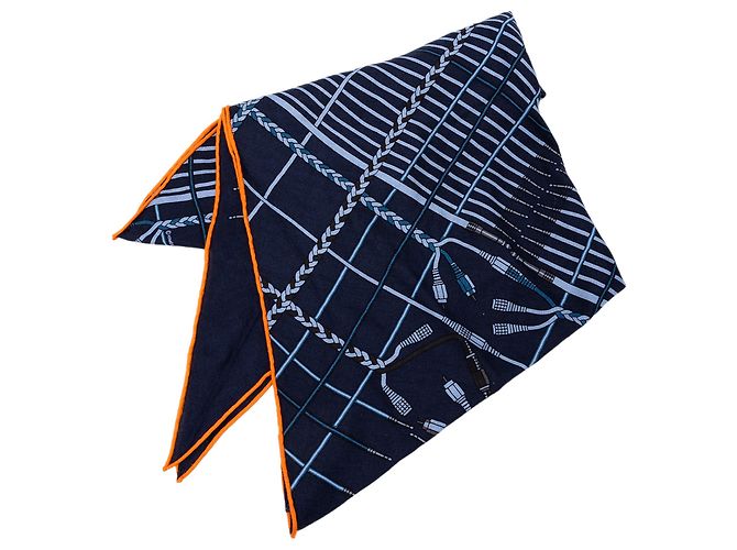Hermès Blue Unplugged Kaschmir-Seiden-Schal mit Fransen 90