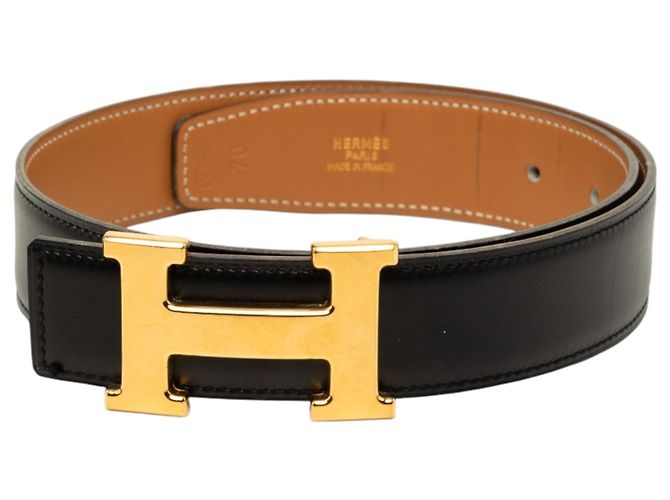 Cinto Reversível Hermès Constance H em couro Box Calf e Courchevel preto