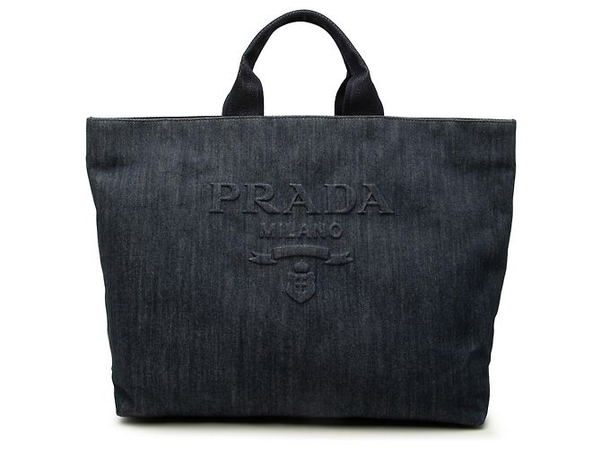 Prada Blue Denim Logo Tote Bag mit Prägung