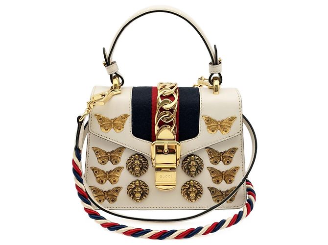 Gucci Sylvie Handbag Leather Canvas Navy Red White