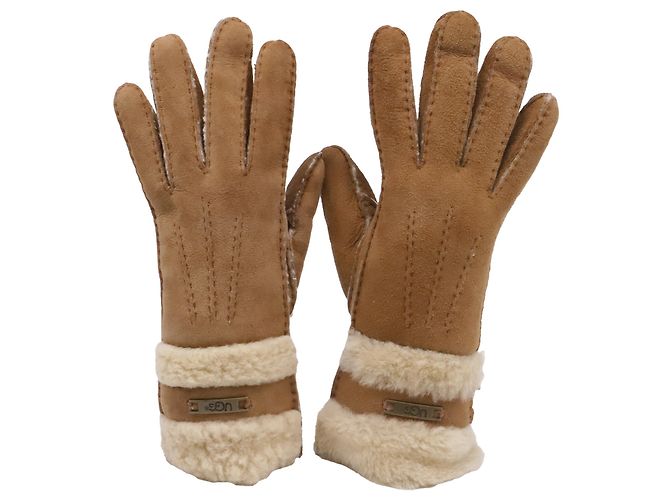 Guanti in pelle marrone e montone con placca logo UGG