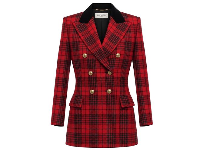 Autre Marque Saint Laurent Red Checkered Wool and Silk Double-Breasted Blazer