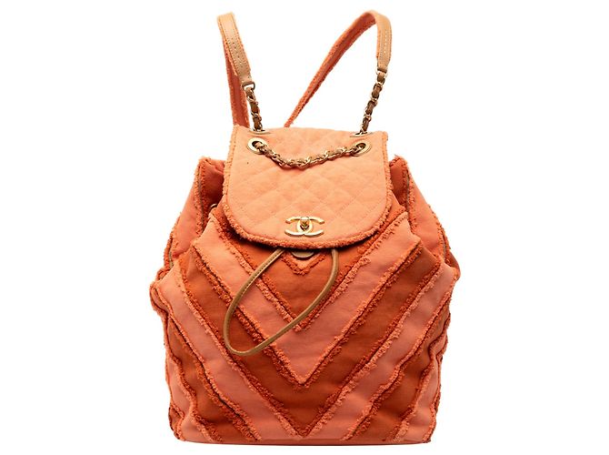 Orange Chanel Paris Cuba Chevron Canvas Twist Drawstring Backpack