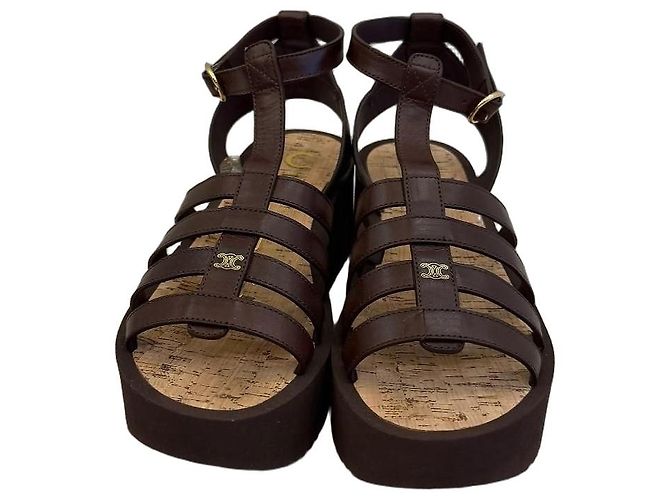 Céline Celine Sandales compensées Triomphe en cuir marron
