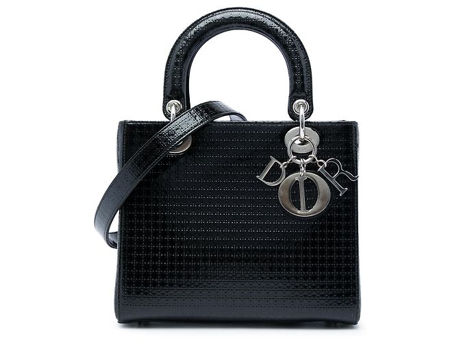 Dior Black Medium Metallic Patent Microcannage Lady Dior