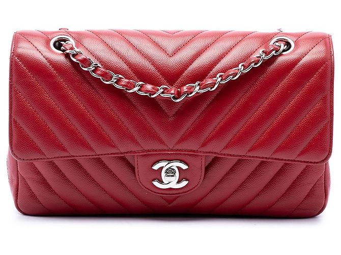 Chanel Red Medium Classic Chevron Caviar Double Flap
