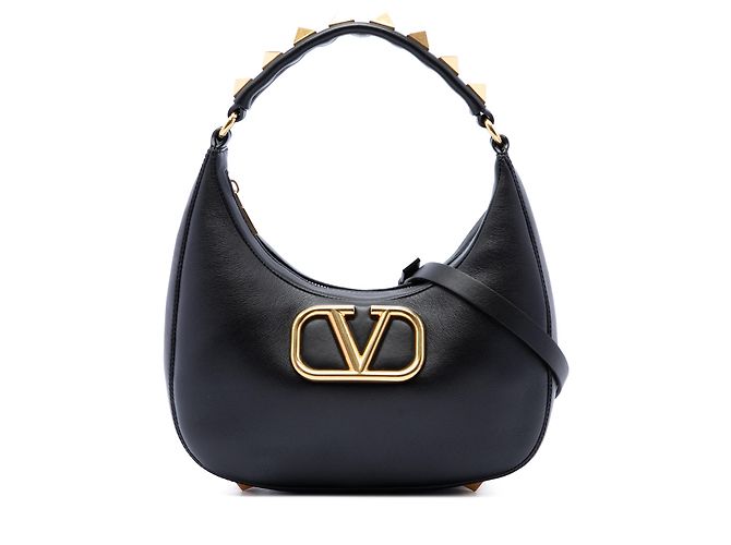 Borsa Hobo Valentino in pelle di vitello nera con borchie e zip