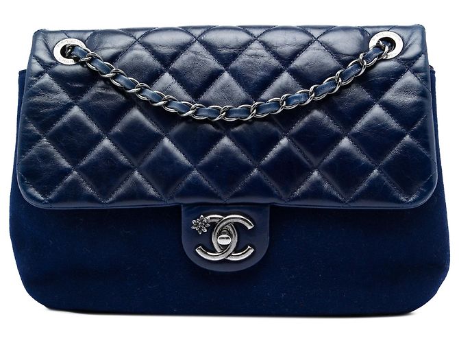 Bolsa Tiracolo Chanel Blue CC em pele de cordeiro acolchoada e lã