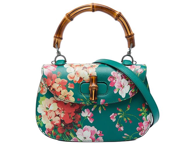 Bamboo Gucci Blooms Bolsa de Alça de Bambu em Pele de Bezerro Verde Medium