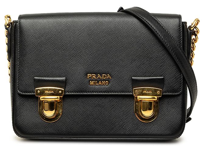 Prada Borsa a tracolla Saffiano nera con chiusura push lock