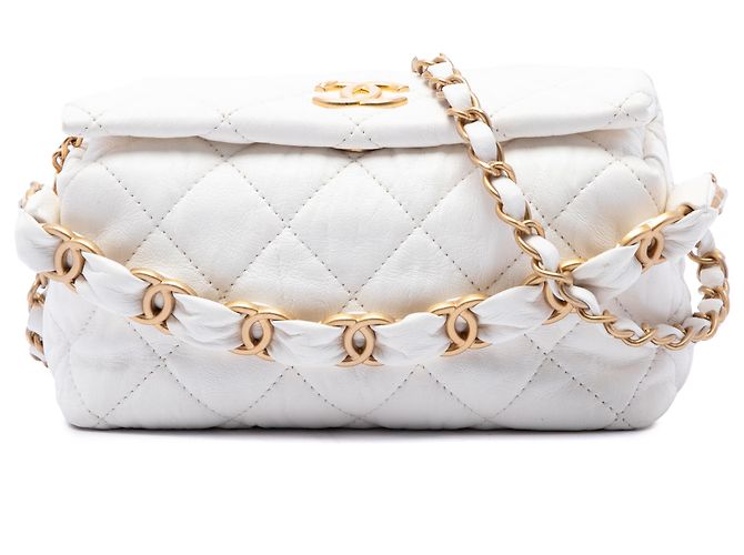 Chanel Bolsa Hobo em pele de cordeiro acolchoada branca CC