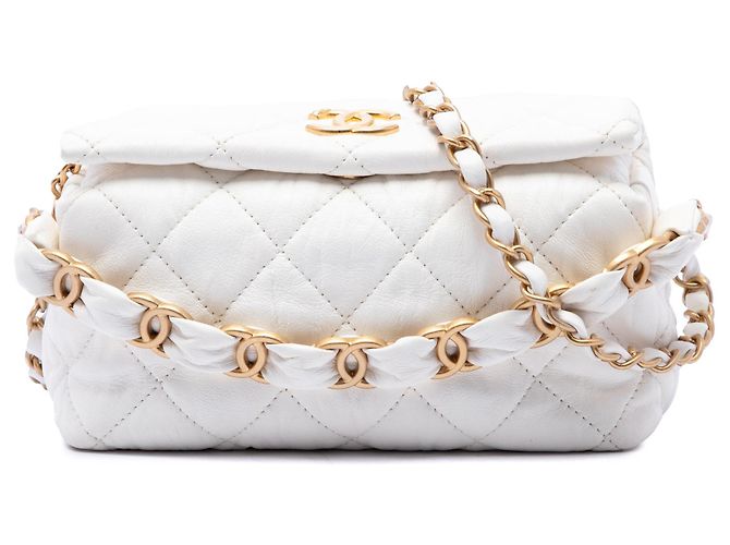 Bolsa Hobo Chanel CC em pele de cordeiro acolchoada branca
