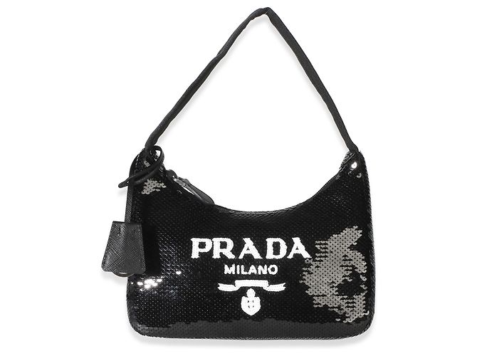 Borsa Prada Mini Re-Edition 2000 in paillettes nero e bianco
