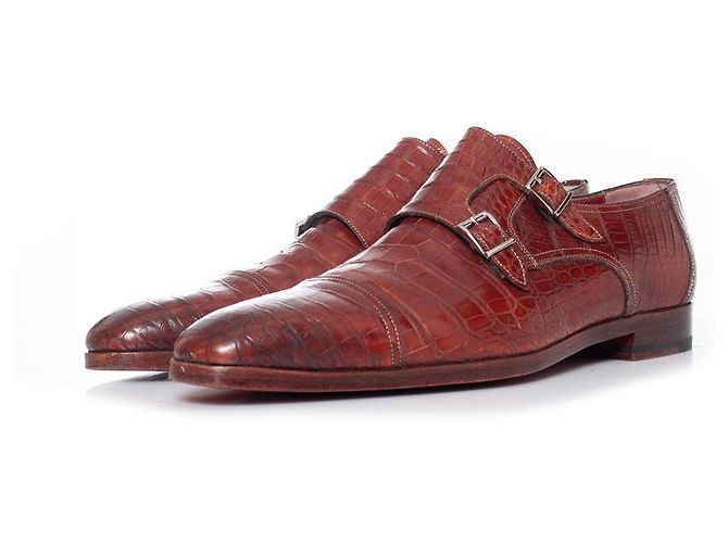 Santoni, scarpa double monk strap in coccodrillo marrone