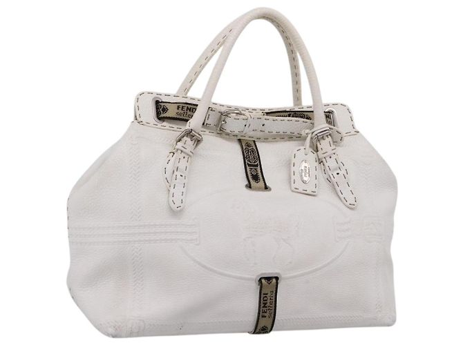 FENDI Celeria Tote Bag Leather White Silver