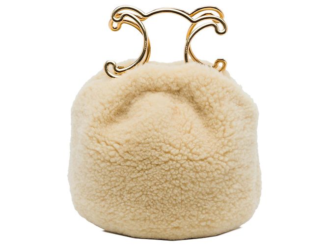 Céline Celine Beige Shearling Triomphe Frame Handbag
