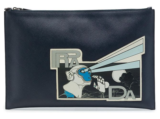 Clutch Prada Blue Saffiano Monkey Robot