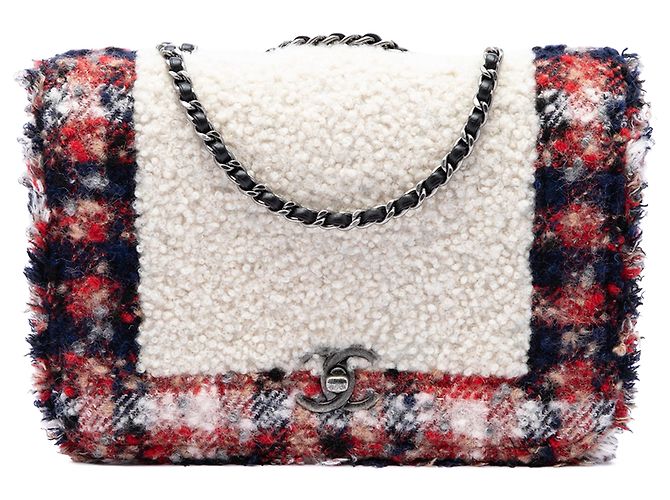 Chanel White CC Tweed and Shearling Single Flap