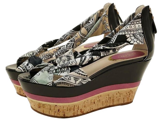 Etro Patterned Fabric and Leather Wedge Sandals